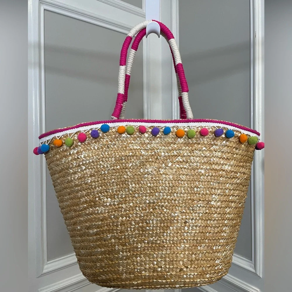 Shiraleah Multicolor Straw Tote with Pom Poms - Picture 2 of 3